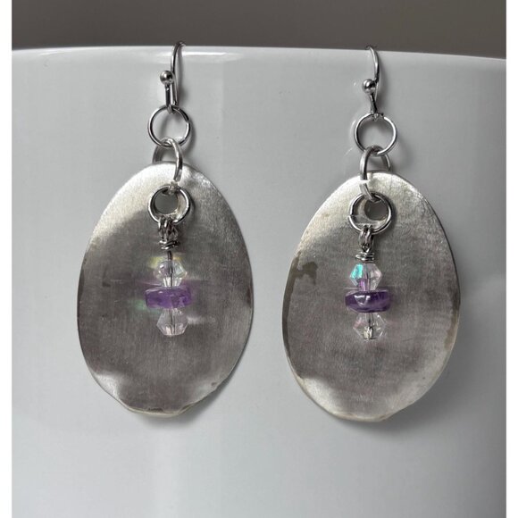 Handmade UpCycled Silverware Earrings amethyst crystal beads: Silverware Jewelry - Picture 3 of 4
